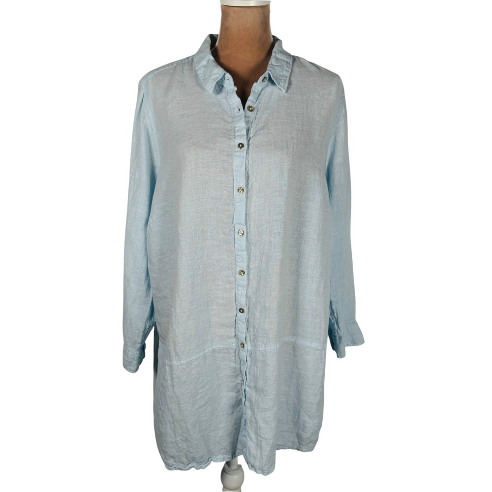 Tahari 100% Linen Tunic Womens 1X Light Blue Button Down Roll‎ Tab Long Sleeve